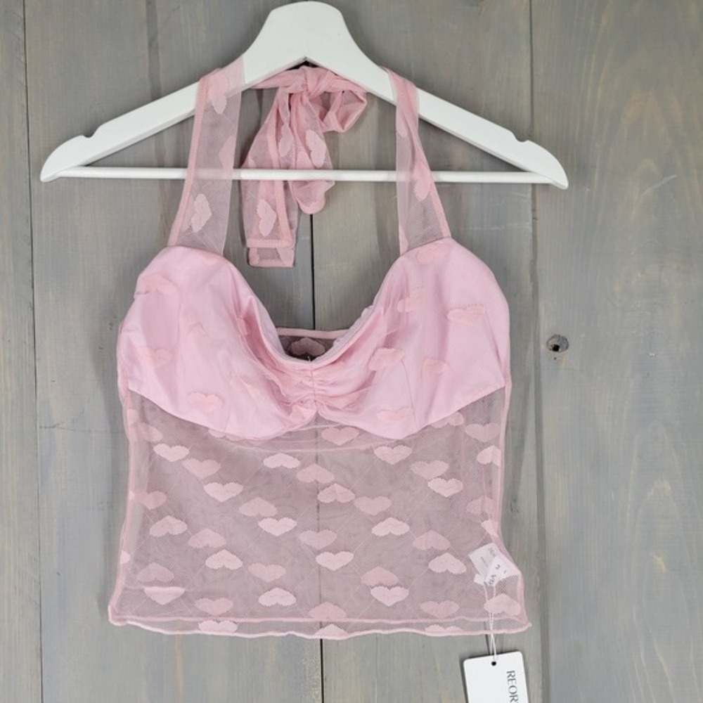 REORIA Pink‎ Heart Mesh Halter Neck Ruched Bust Top Women's